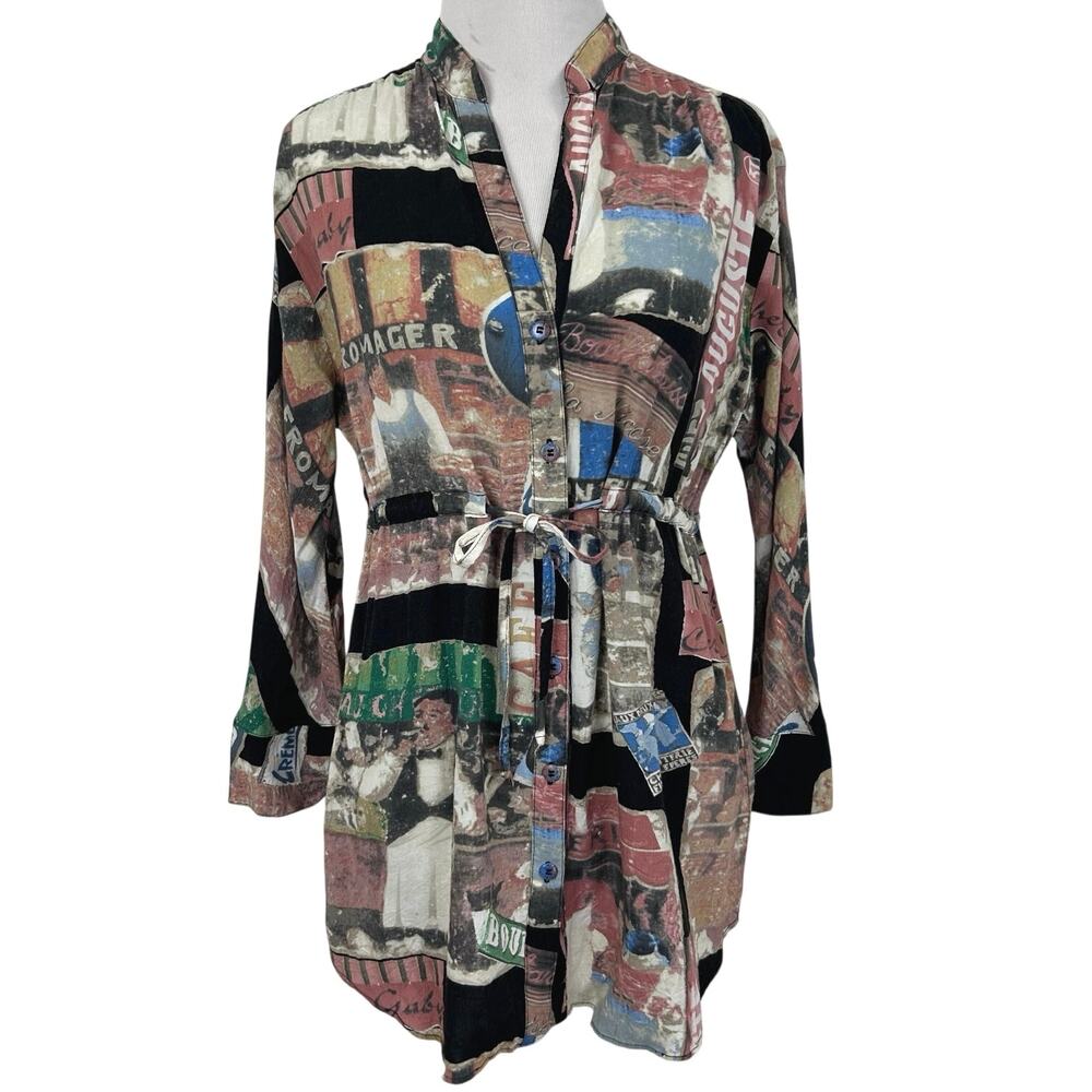 Jams World XS Rayon Shirt Tunic Top Paris Cafe Print Button Up Tie Waist Hawaii